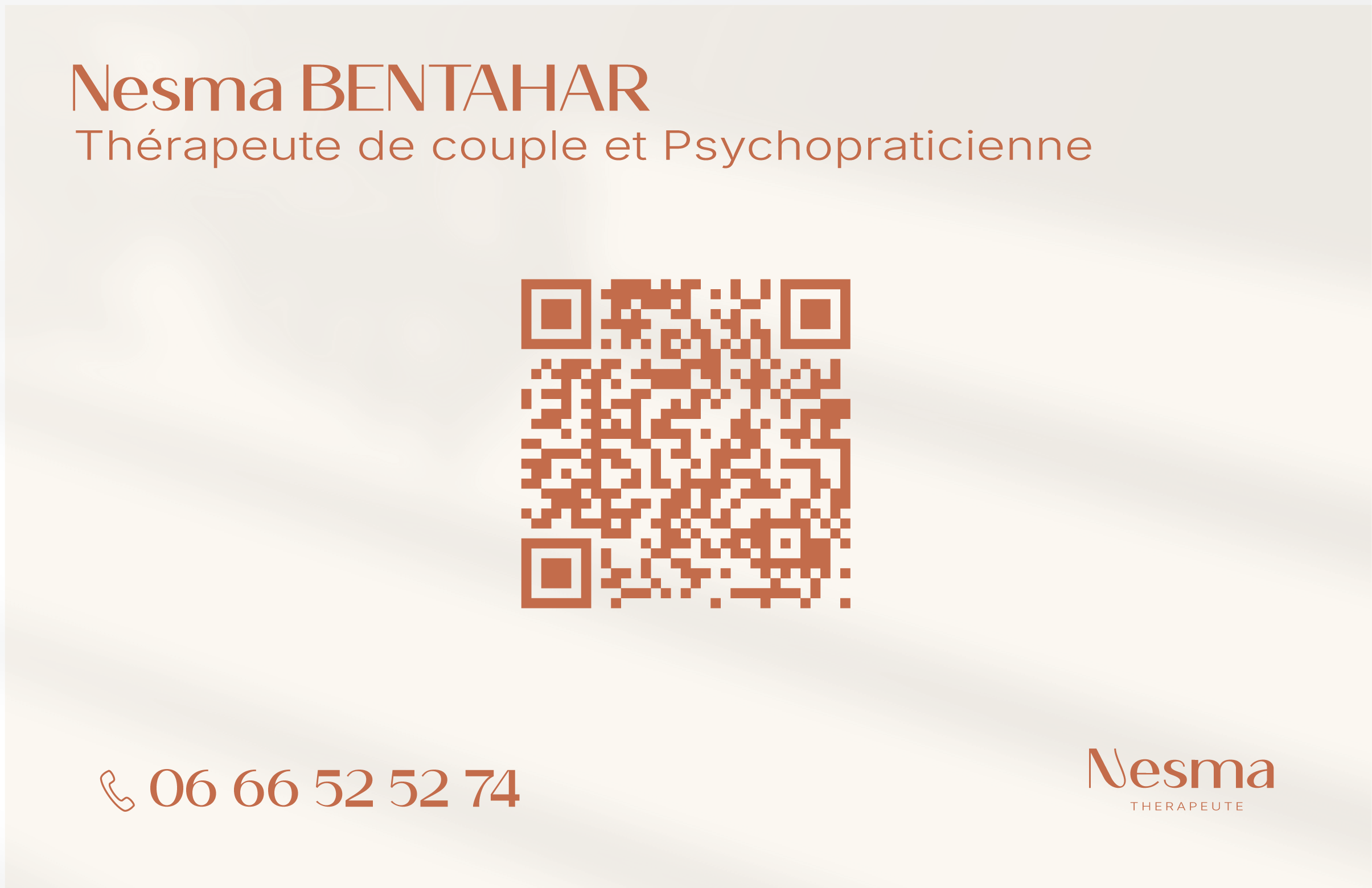 Carte de visite Nesma Thérapeute — coordonnées & QR